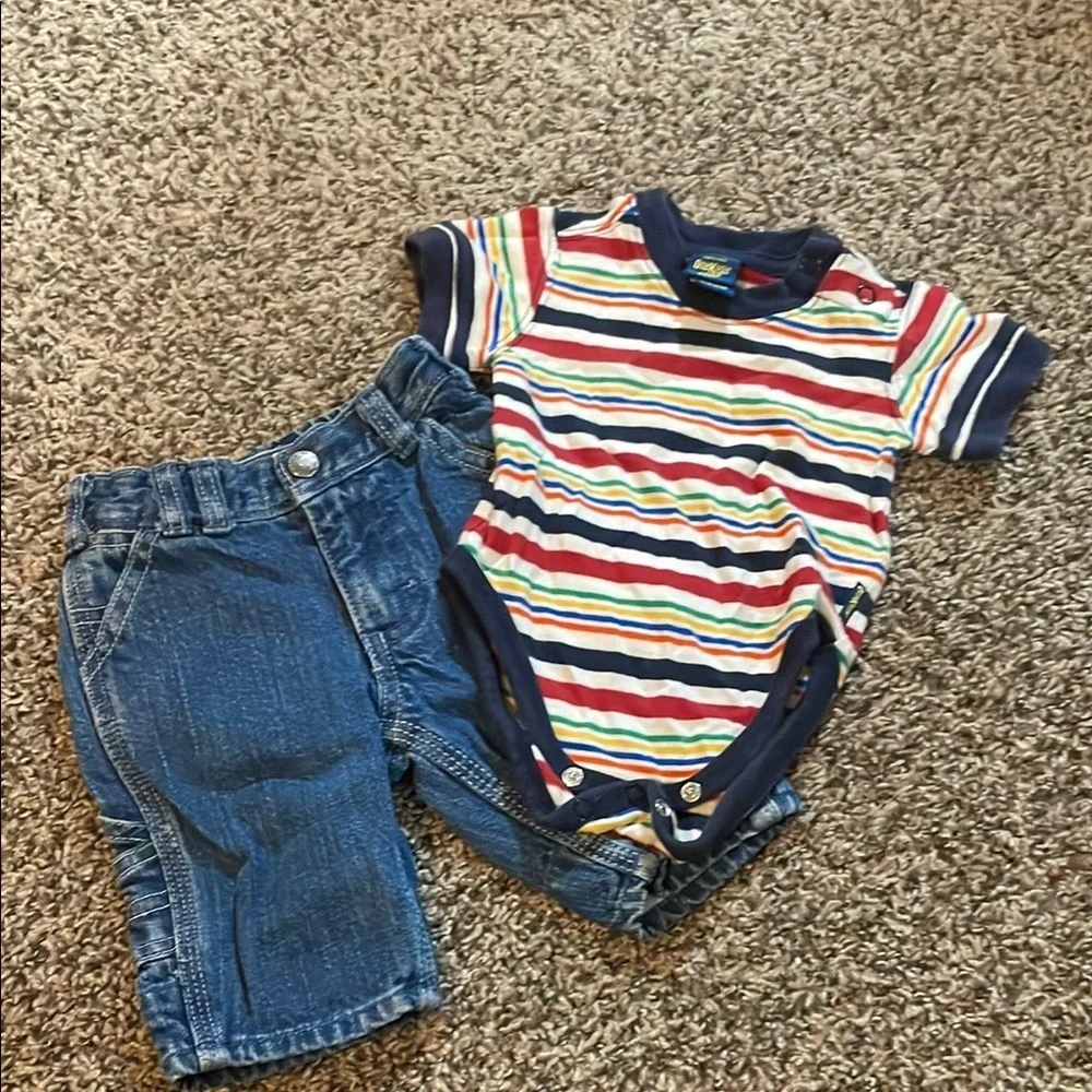 OshKosh B'gosh Boys Colorful Striped Onesie and Blue Jeans Set