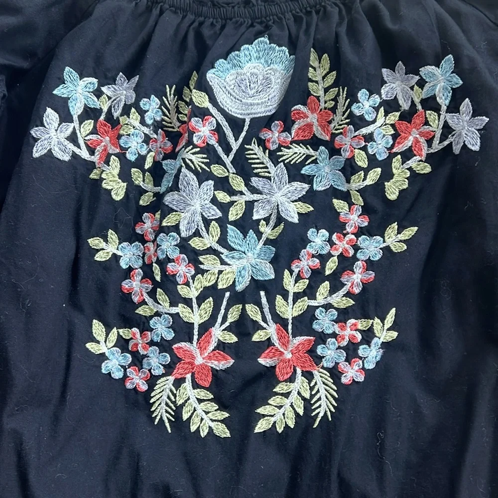 Free People Embroidered Dress Fleur Du Jour Off-The-Shoulder Black Floral  XS