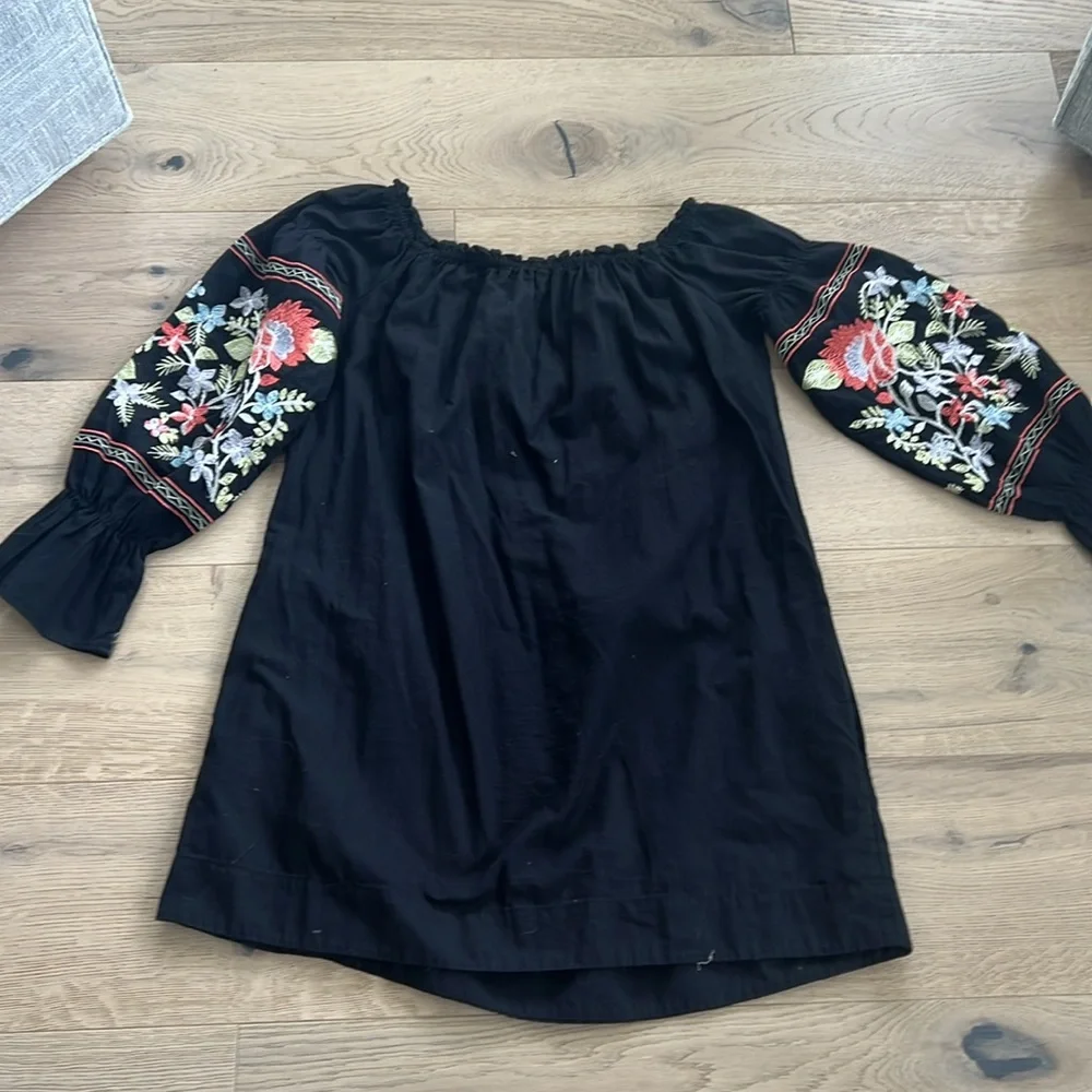 Free People Embroidered Dress Fleur Du Jour Off-The-Shoulder Black Floral  XS
