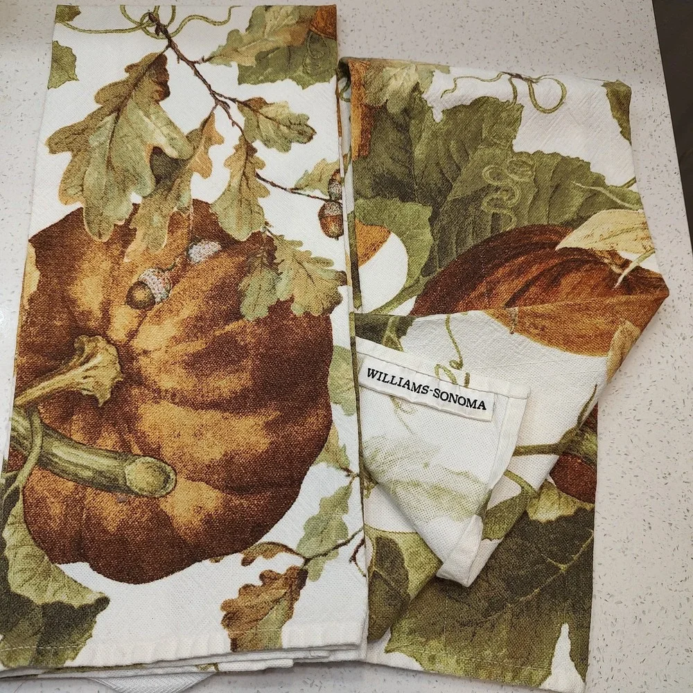 Williams Sonoma Fall Pumpkin Dish Towel Tea Towel 100% Cotton Lot Of 2 Leaves
