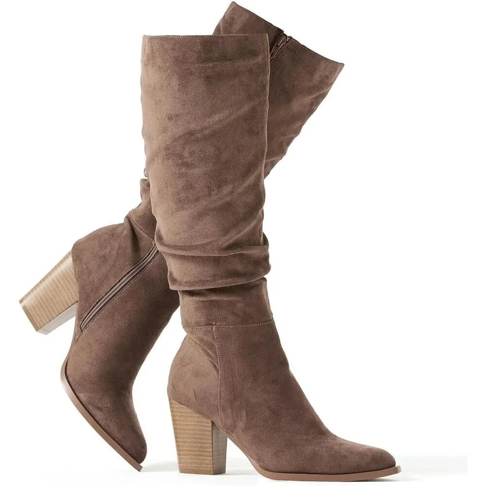 Women's Khaki Pointed Toe Faux Suede Slouch Chunky Heel Knee High Boots