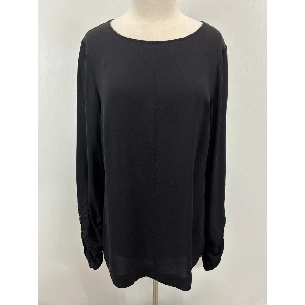 Tory Burch Silk Blouse Sz 12 Women's Black Ruched Sleeves Tunic Flowy Classic