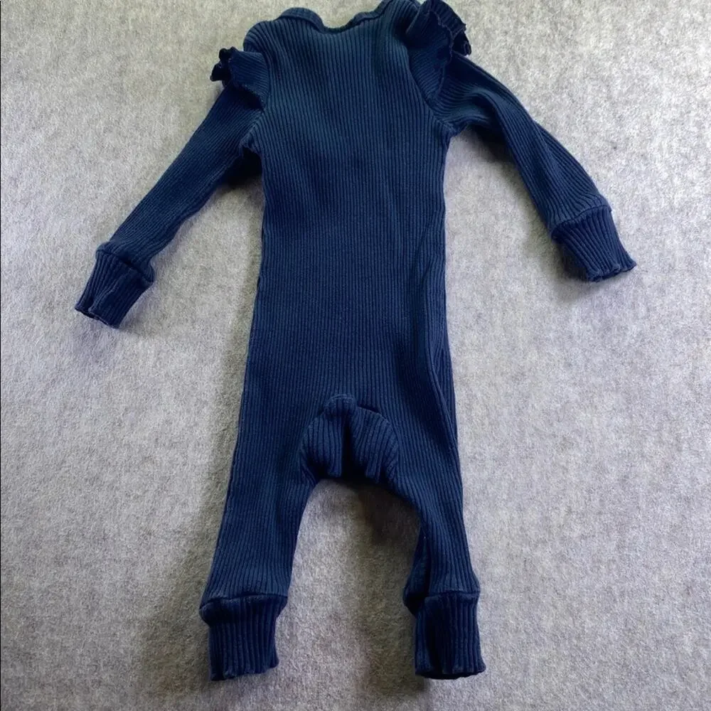Chuya Navy Blue 100% Cotton Kids One Piece with Ruffle Sleeve Details Size 80