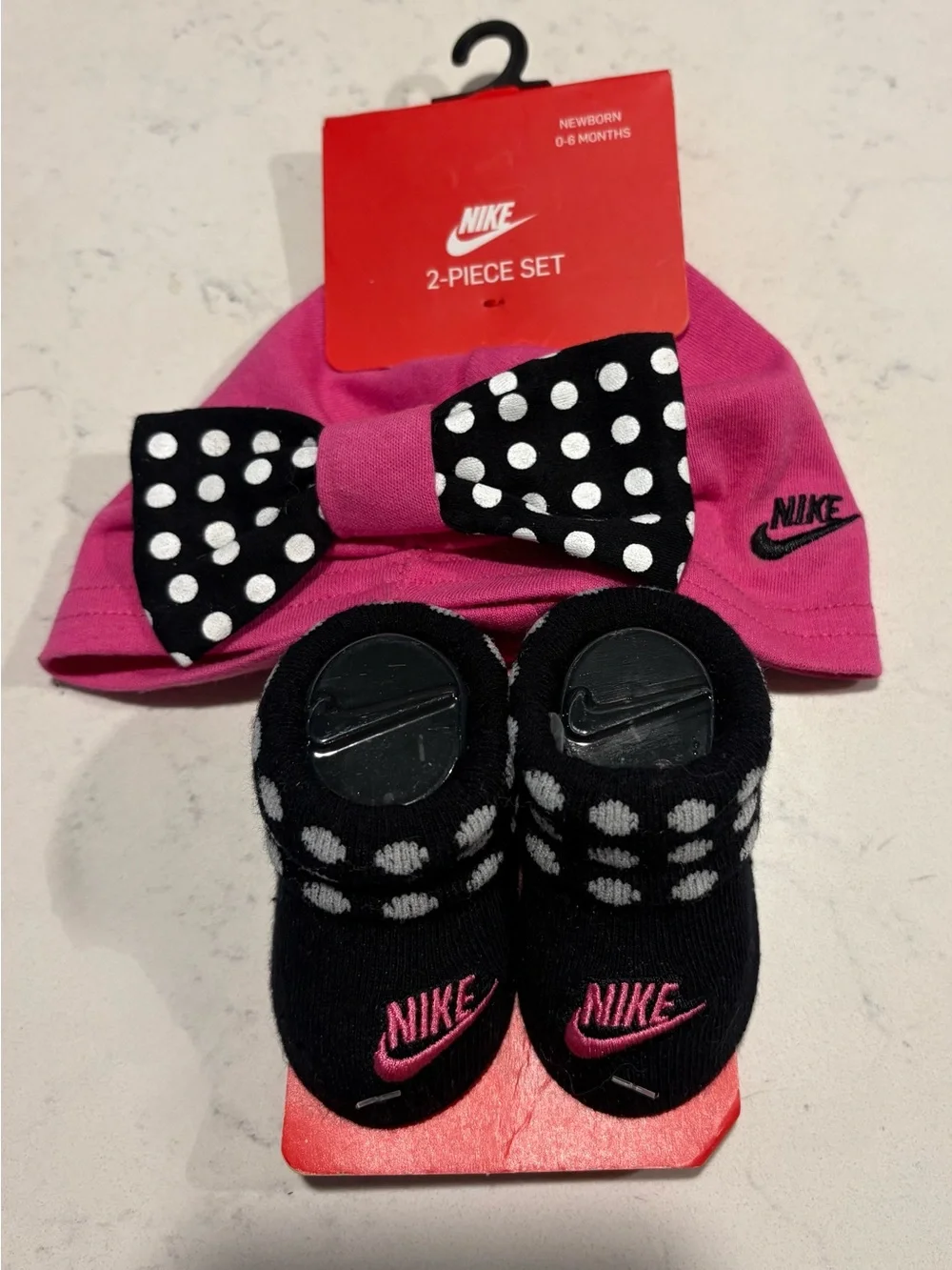 Nike Pink Baby Hat & Black Polka-Dot Bow Sock Set