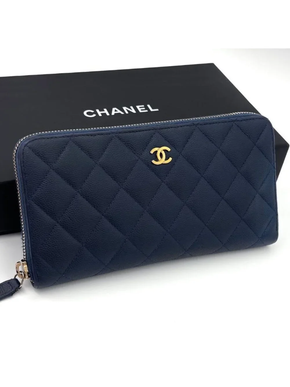 Chanel Quilted Caviar Leather Zip Around Wallet Navy