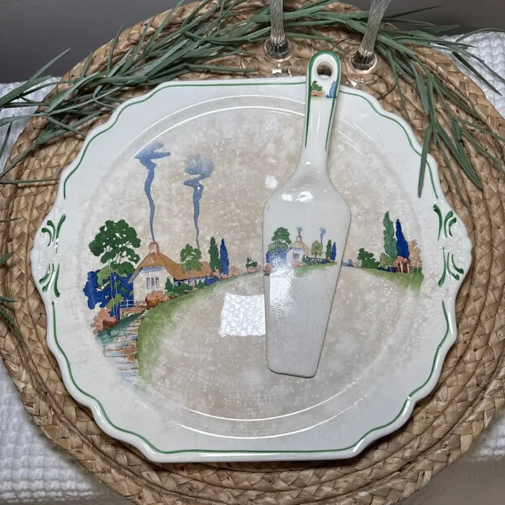 Harker Hotoven Chinawear Pottery Thatched Cottage Platter Cake Plate and Server