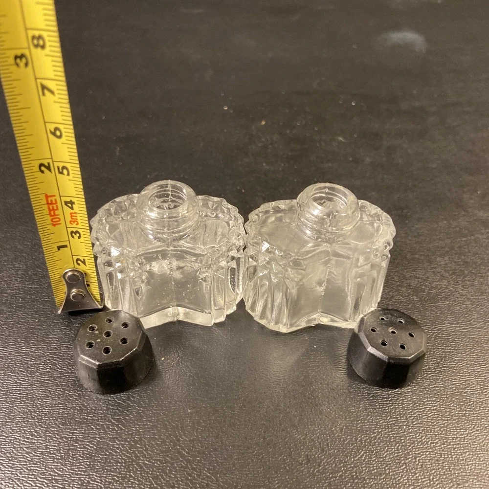Vintage Salt & Pepper Shakers Retro Diamond Point Clear Black Tops Japan MCM