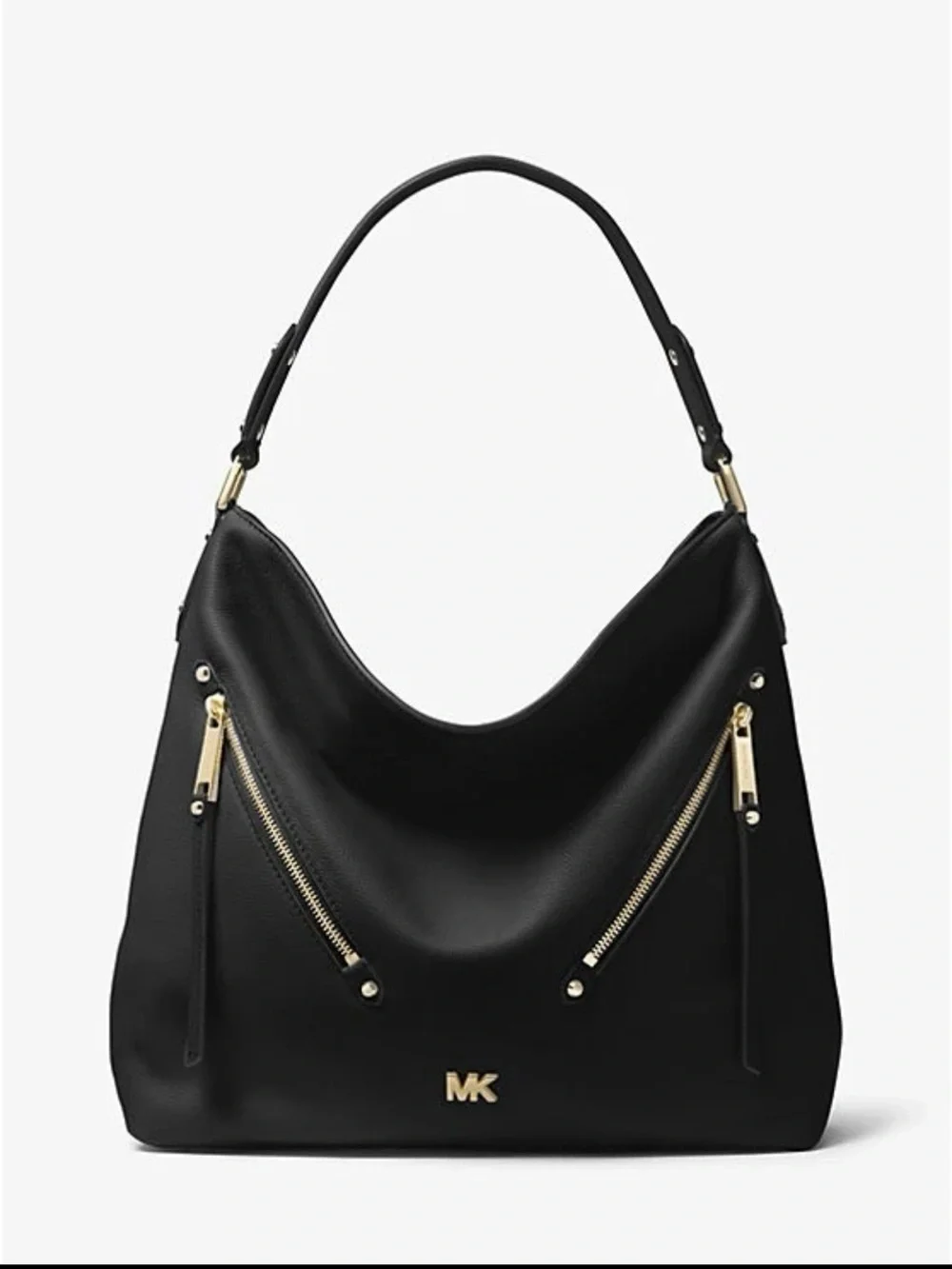 Michael Kors Evie Large Black Leather Hobo Bag with Gold Hardware