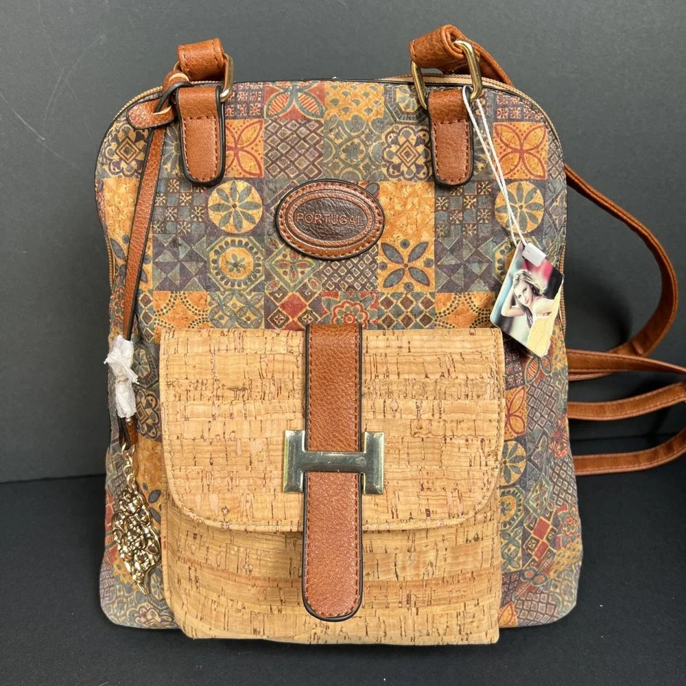 Portugal Cork Backpack Purse NWT Adjustable Straps Vegan Tile Print Boho Bag
