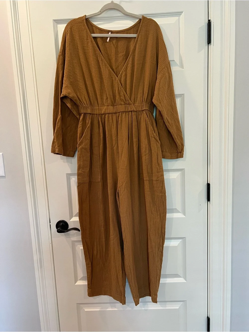 Free People Gauze Cotton Jumpsuit Large Camel Brown Oversized Boho Patch Pockets