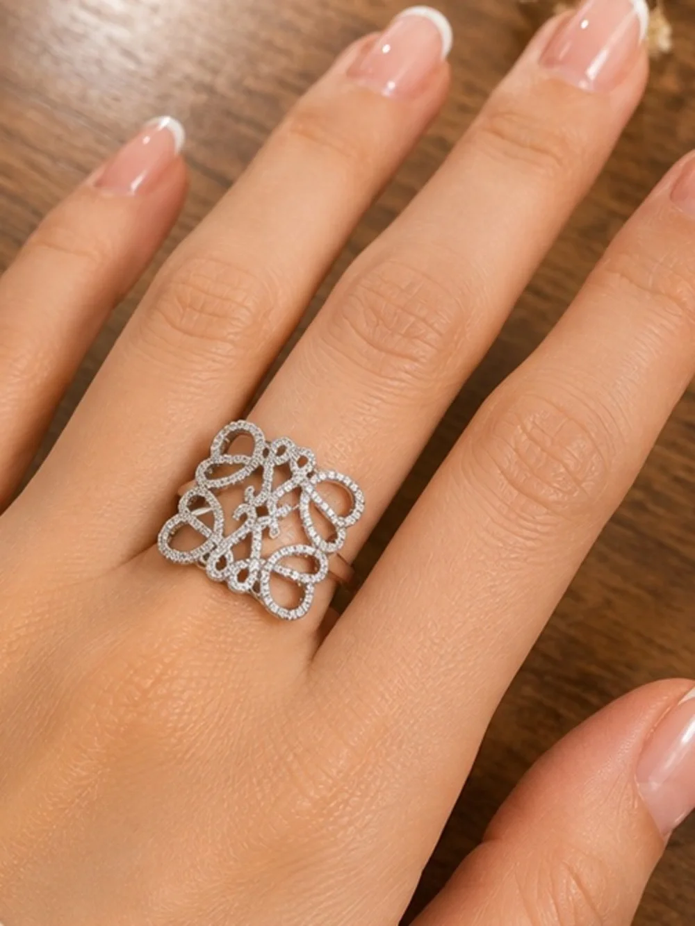 Silver Tone Rhinestone Filigree Statement Ring