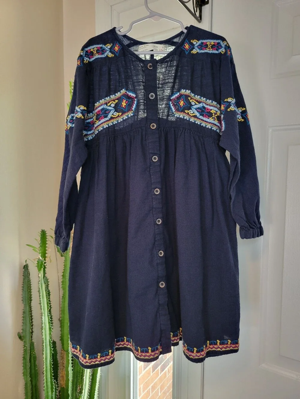 Zara Kids Bohemian‎ Embroidered Floral Navy Blue Cotton Dress, Size 9 Kids