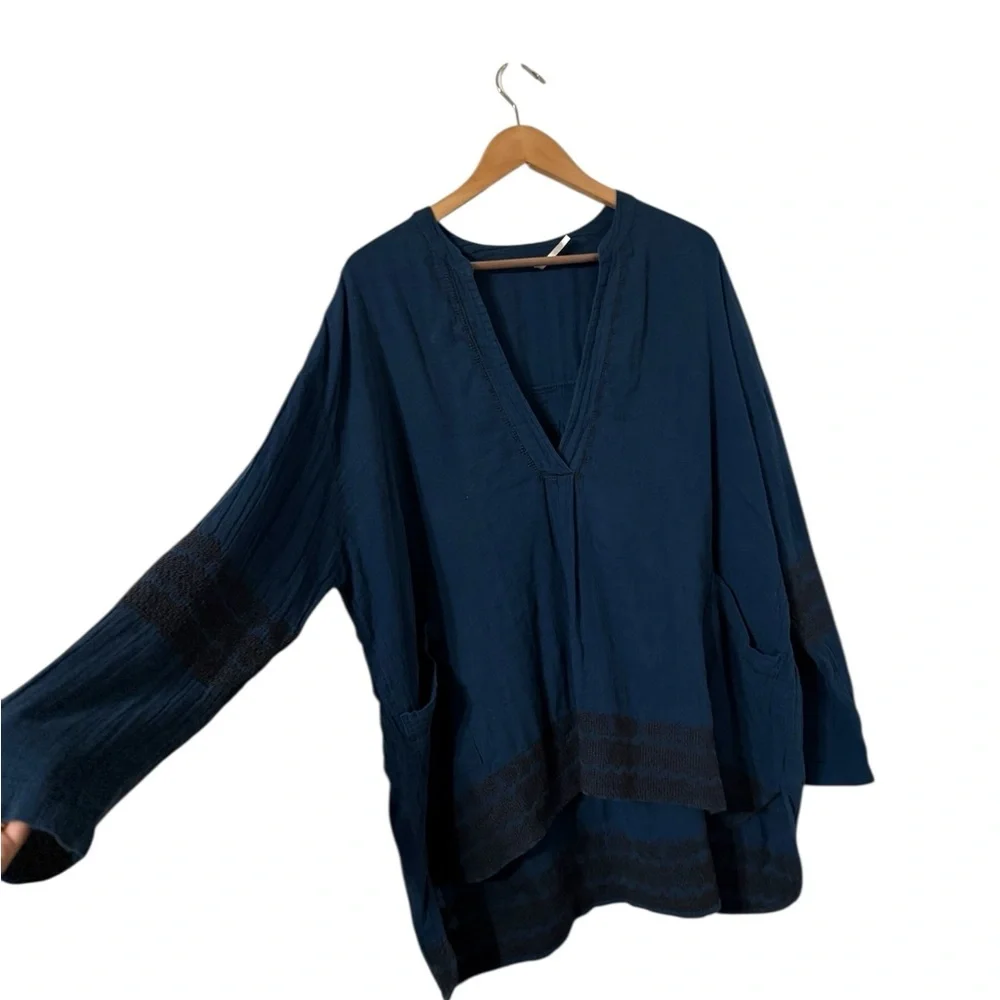 FREE PEOPLE Embroidered Teal Long Sleeve Top Shirt Tunic