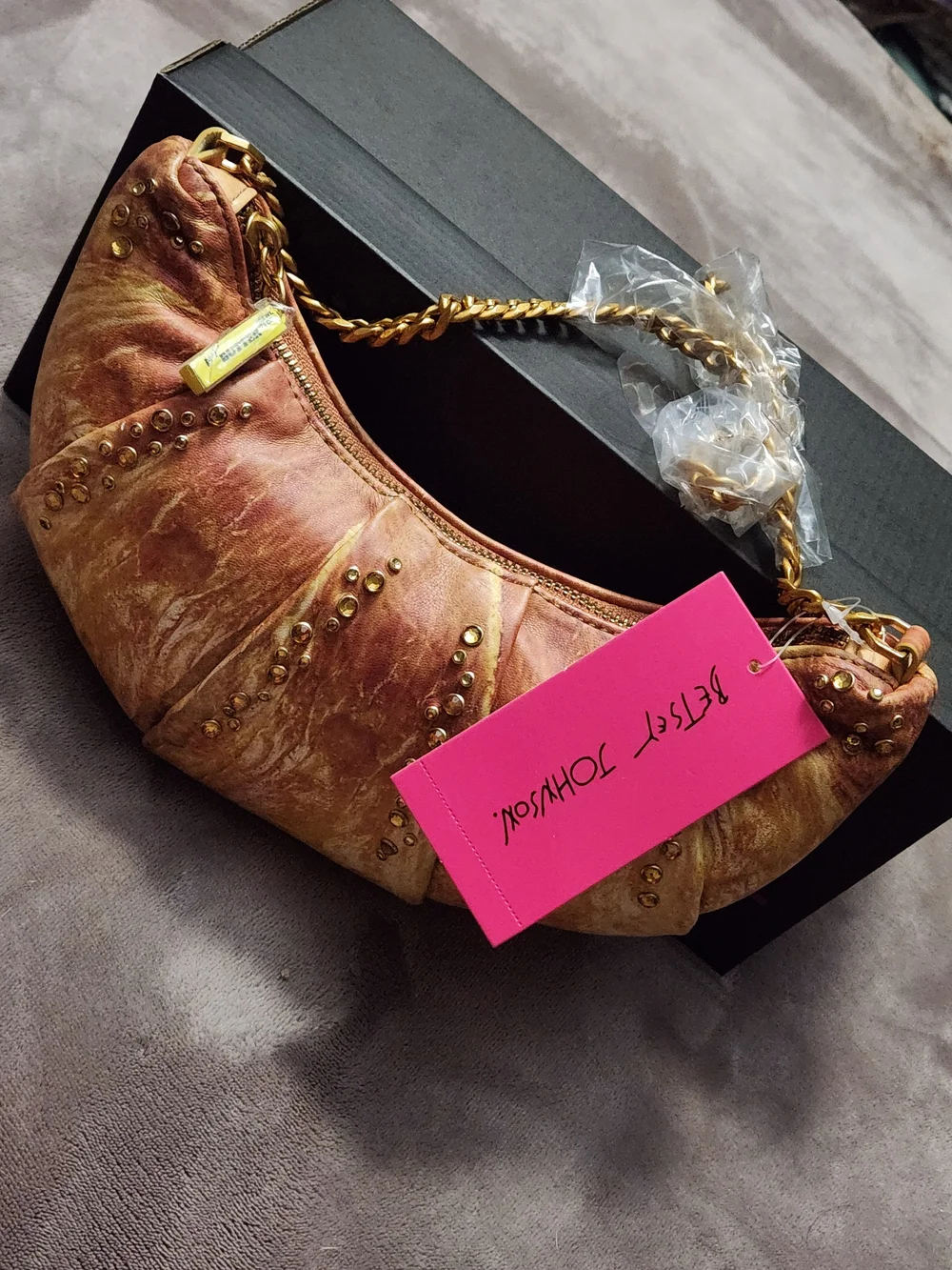Betsey Johnson Rise And Shine Cresent Roll Studded Shoulder Bag with Gold Chain