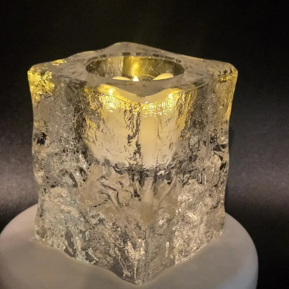 Vintage MCM Iced Glass Cube Tea Light Candle Holder Likely Finnish Scandinavian