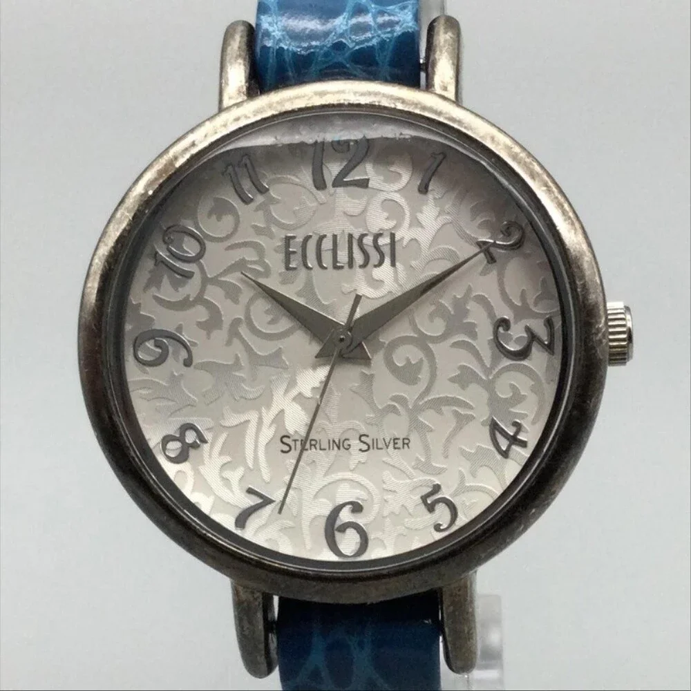 Ecclissi 23860 Womens Watch 36mm Sterling Silver Blue Leather New Battery