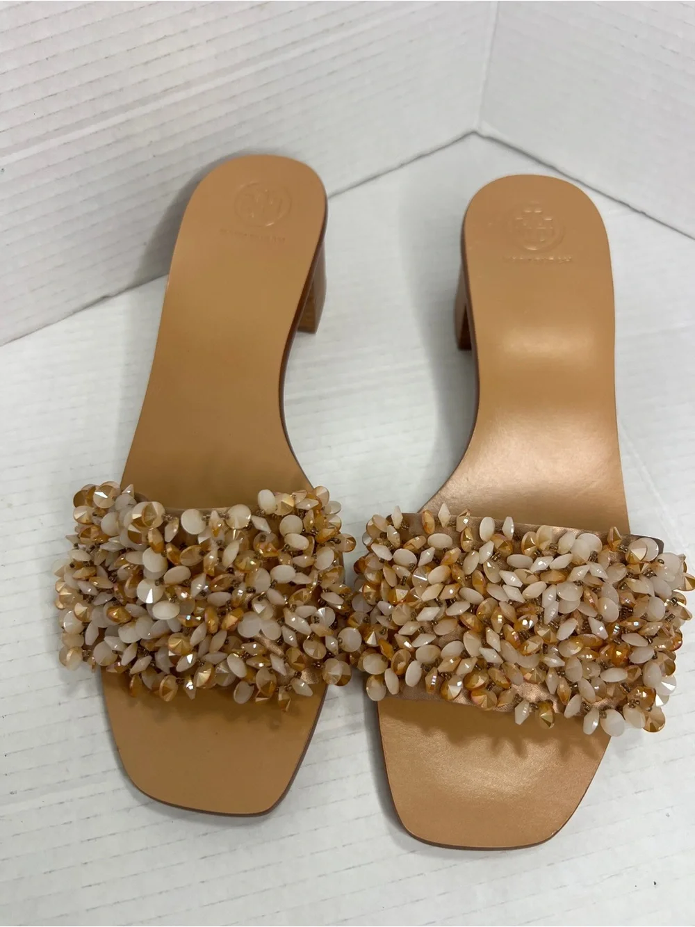 Tory Burch Beaded Rose/Neutral Tan Slide Mules Sandals