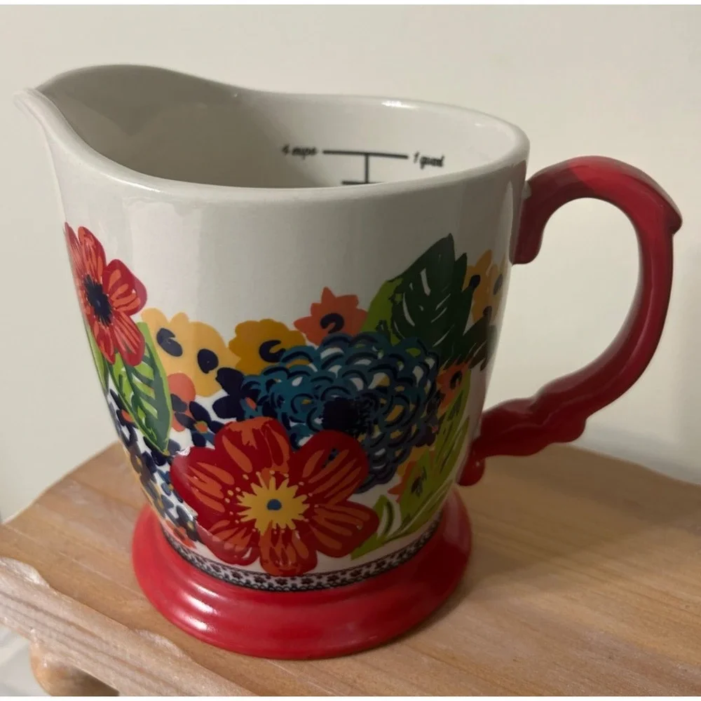 Pioneer Woman Dazzling Dahlias Stoneware 4 Cup Floral Pitcher Red Decor