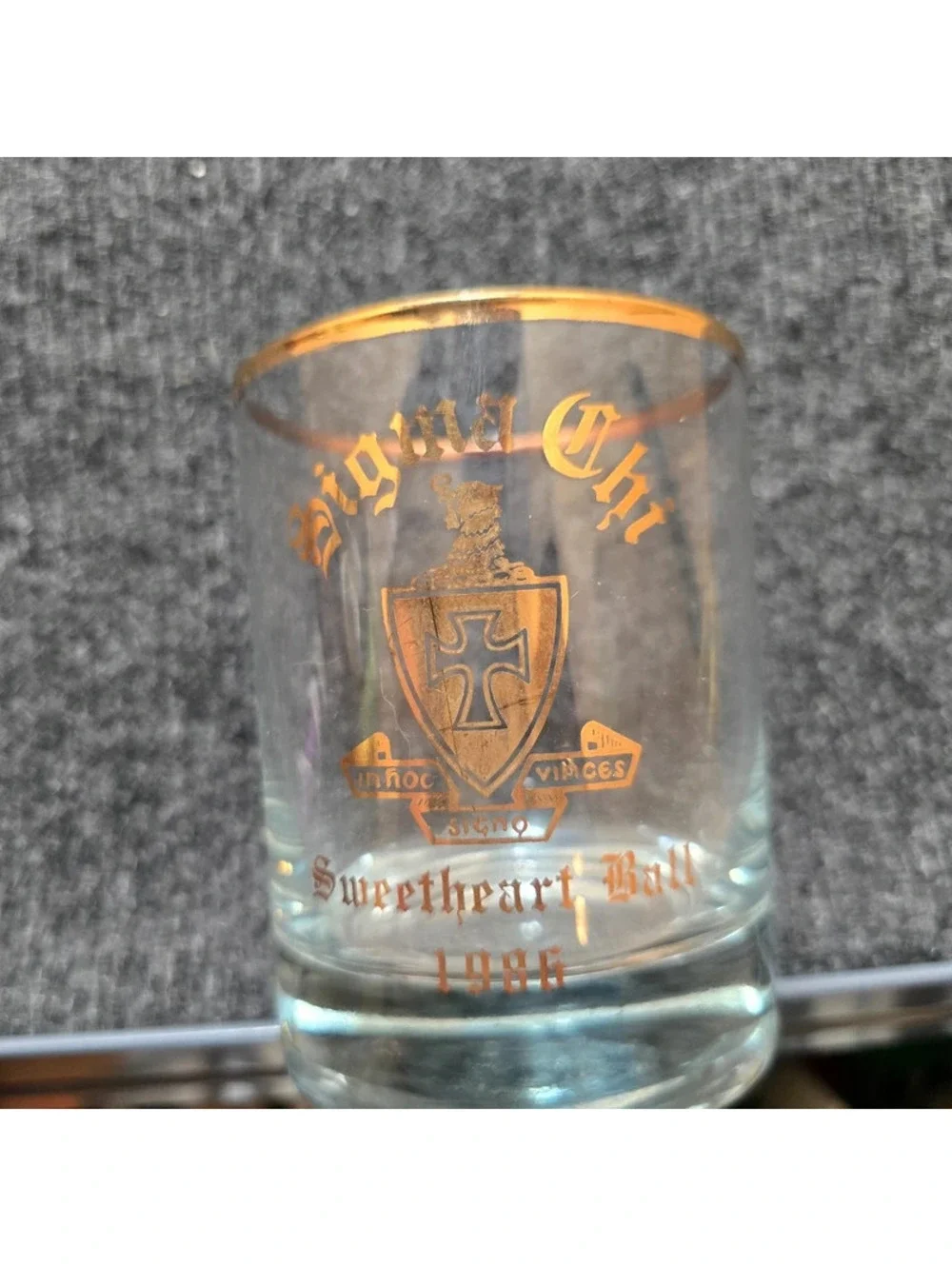 Sigma Chi Sweetheart Ball 1986 Glass Gold Rim Fraternity Vintage Barware