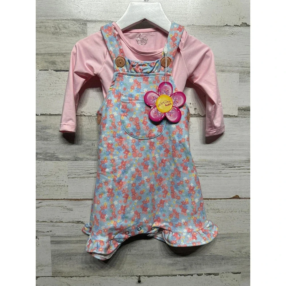 Mon Sucre Baby Overall Set Girls 6-9M Pink Blue Floral Ruffle NWT