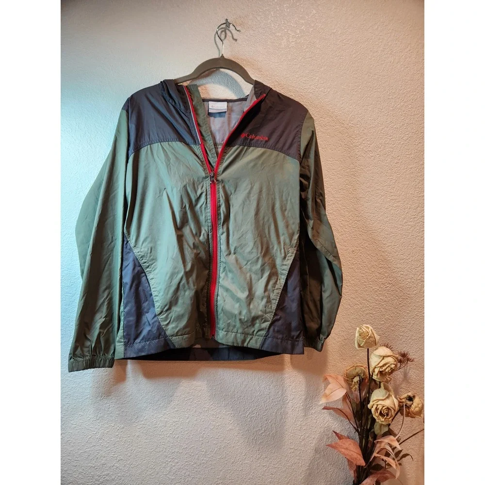 Columbia Youth Medium 10/12 Hooded Windbreaker‎ Jacket Olive Gray Red Zip
