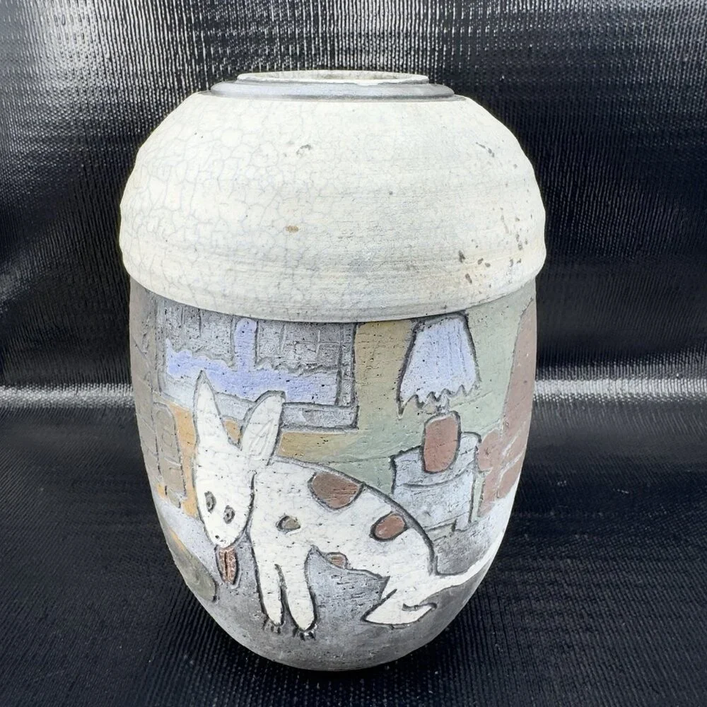 Vintage Hand Made Raku Pottery Large Vase Vessel Dog‎ Fish Couch Signed READ
