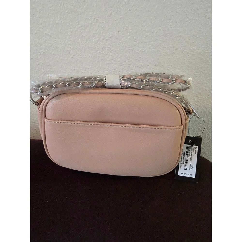 Badgley Mischka Diamond Quilted Camera Bag Pink Faux Pearl Crossbody BM-4138