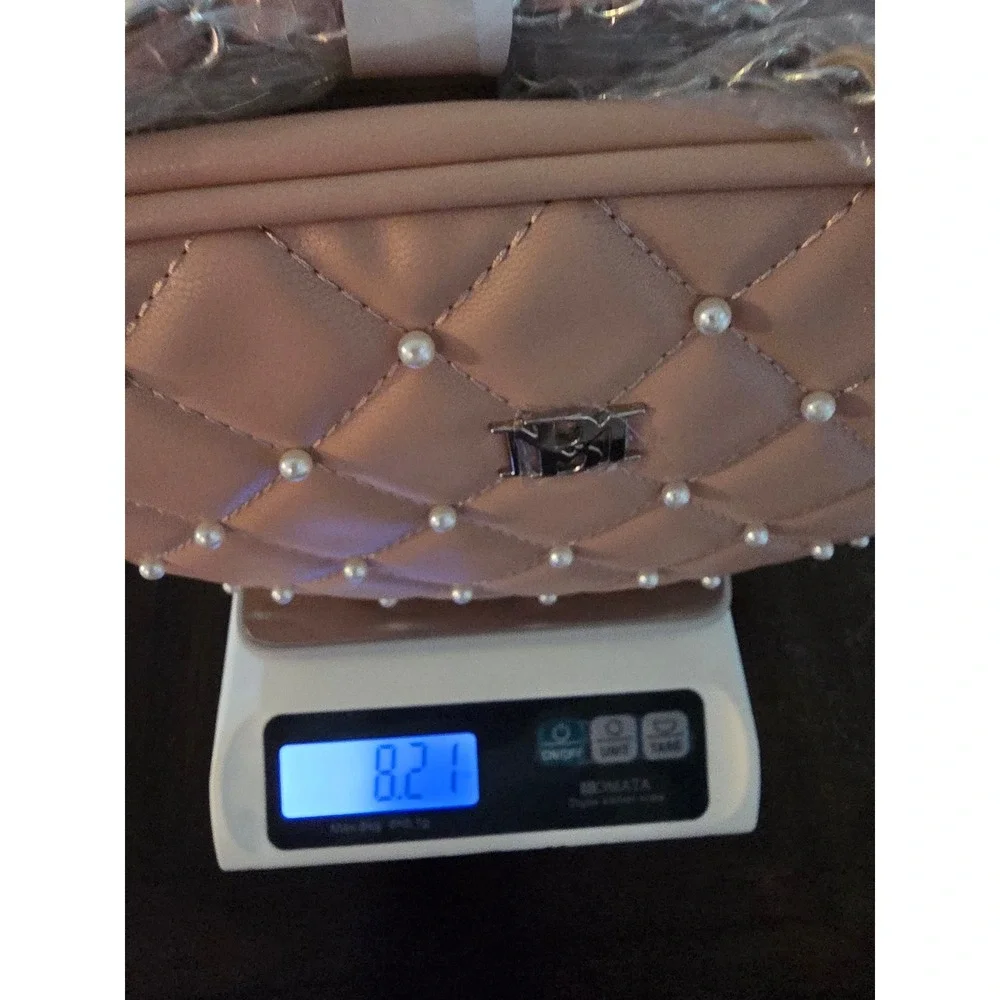 Badgley Mischka Diamond Quilted Camera Bag Pink Faux Pearl Crossbody BM-4138