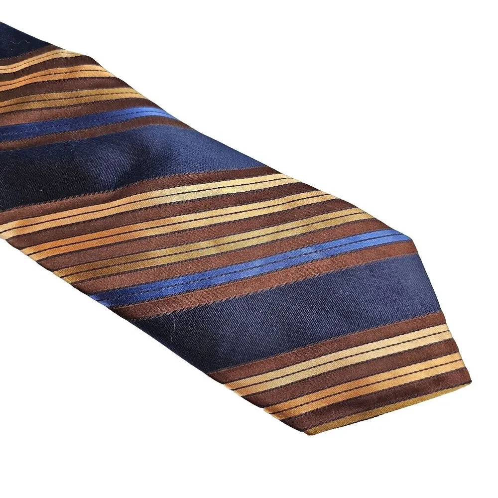 Ted Baker London 100% Silk Tie Brown Blue Gold Striped Handmade USA Necktie
