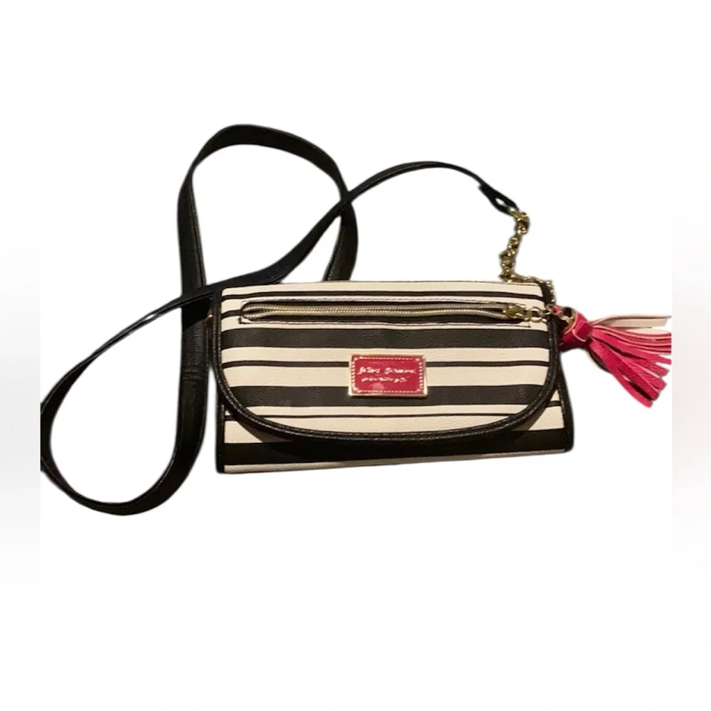 Betsey Johnson Black and White Striped Crossbody Bag with Pink Tassel