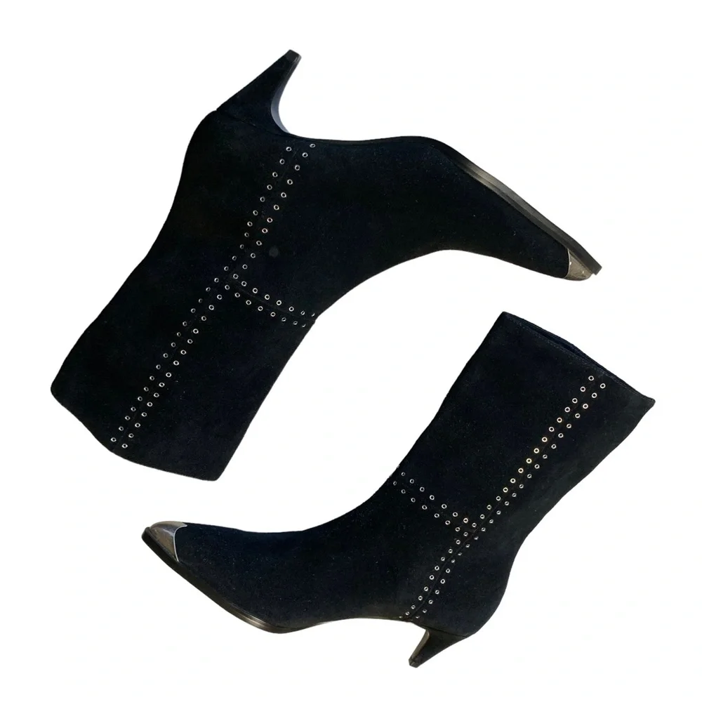 Caverley Collie Black Suede Ankle Boots Silver Toe Cap Women's Size 10 NWOB