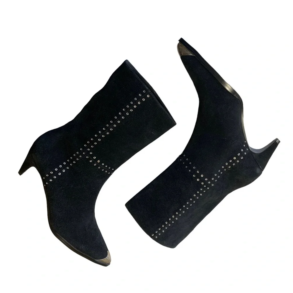 Caverley Collie Black Suede Ankle Boots Silver Toe Cap Women's Size 10 NWOB
