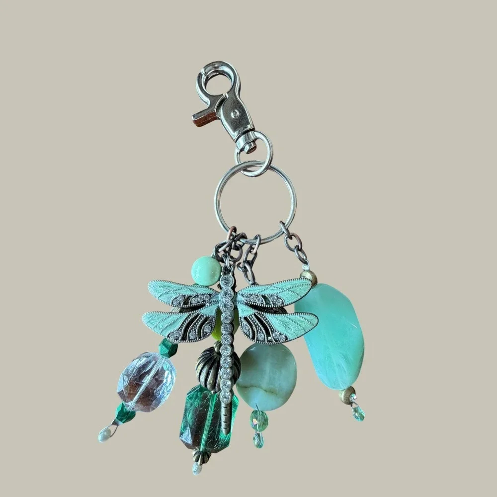 Green Dragonfly Enamel Rhinestone Beaded Bag Charm Keychain Silver Tone