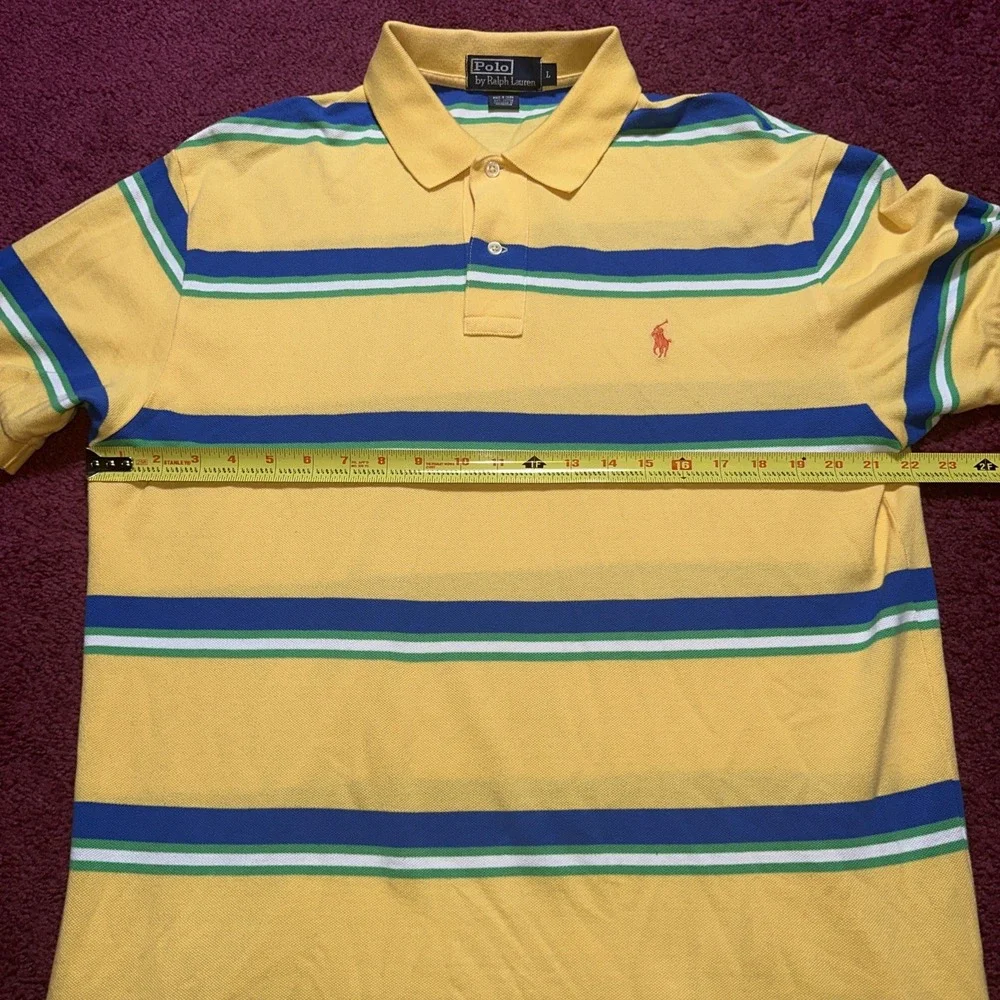 Ralph Lauren Polo Shirt Men L Yellow Blue Green Striped Short Sleeve Rugby