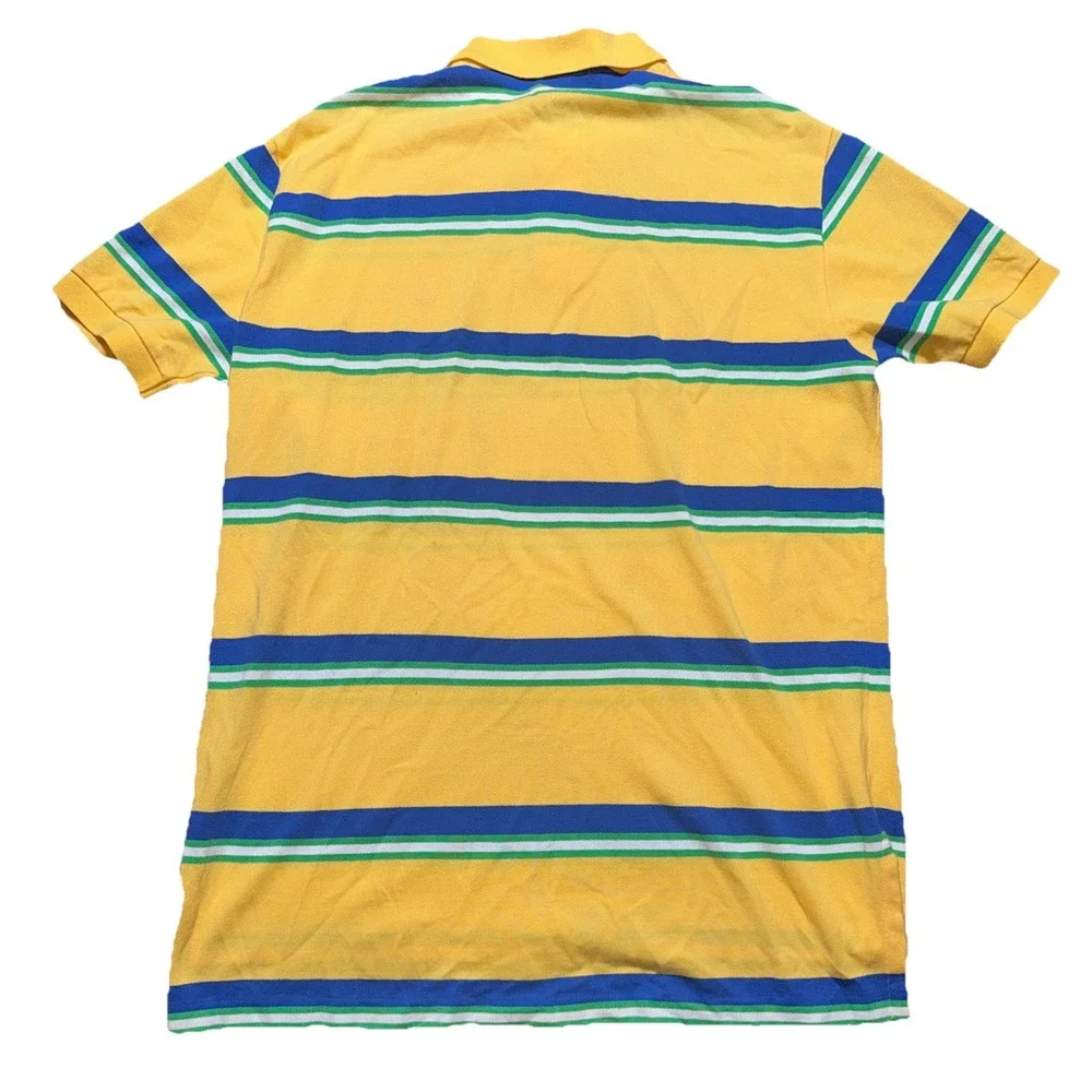Ralph Lauren Polo Shirt Men L Yellow Blue Green Striped Short Sleeve Rugby