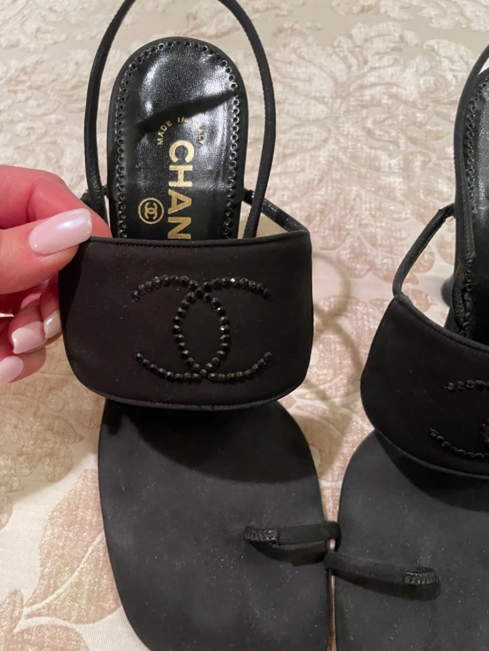 CHANEL Black Beaded CC Toe-Loop Slingback Sandals Worn 3x