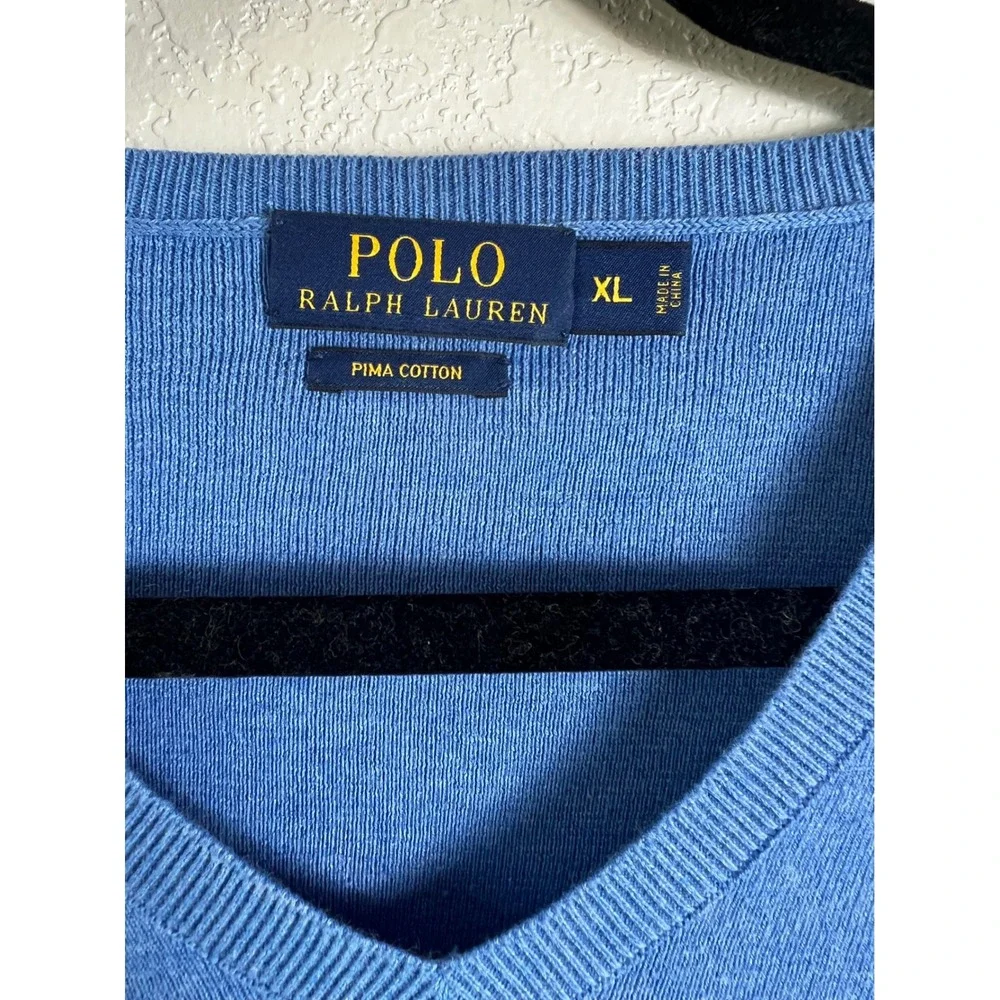 Polo Ralph Lauren Blue V-Neck Sweater Size XL Long Sleeve Pima Cotton Preppy