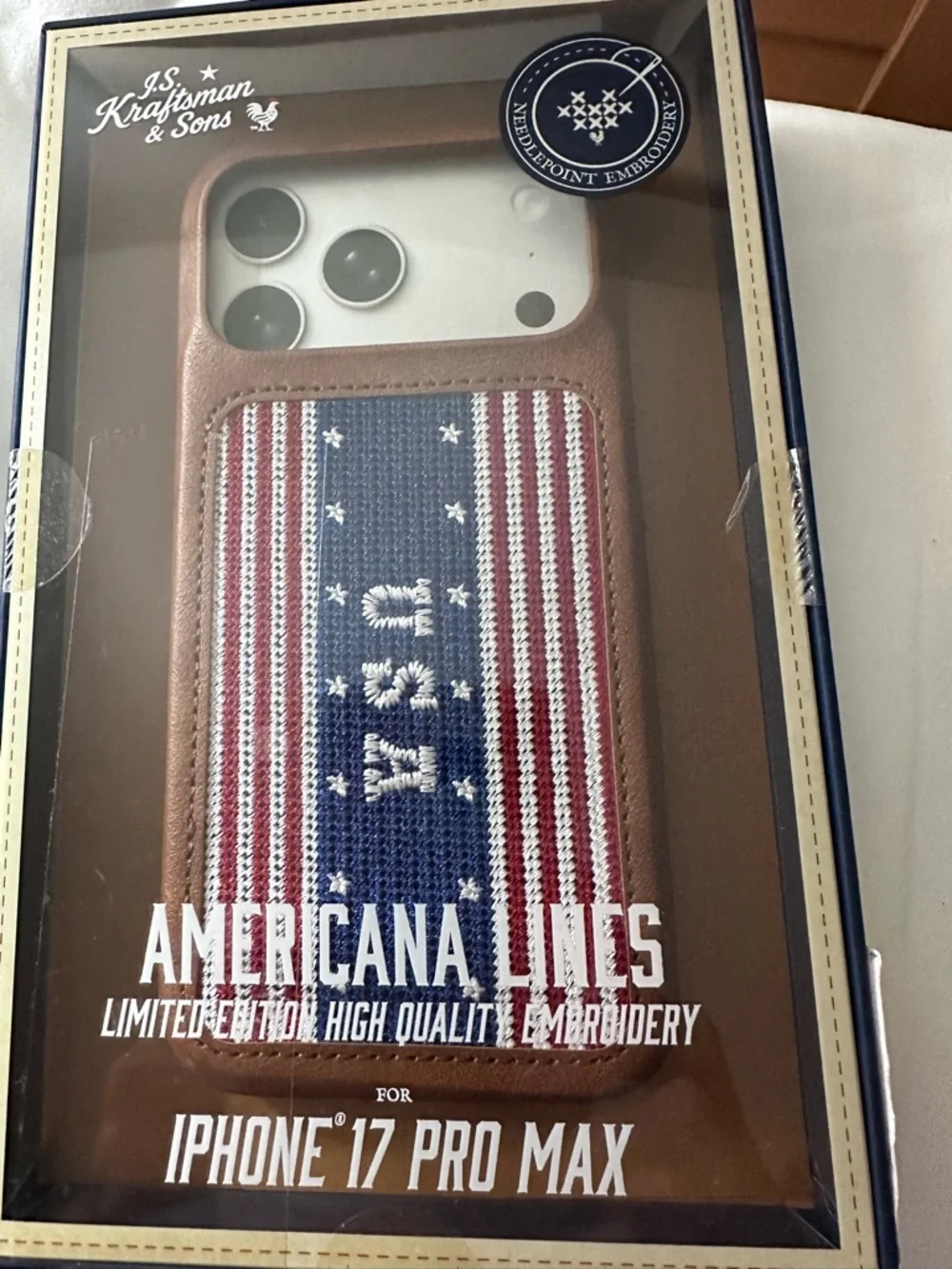Americana Lines Brown Leather iPhone 17 Pro Max Case - Red/Blue/White Embroidery