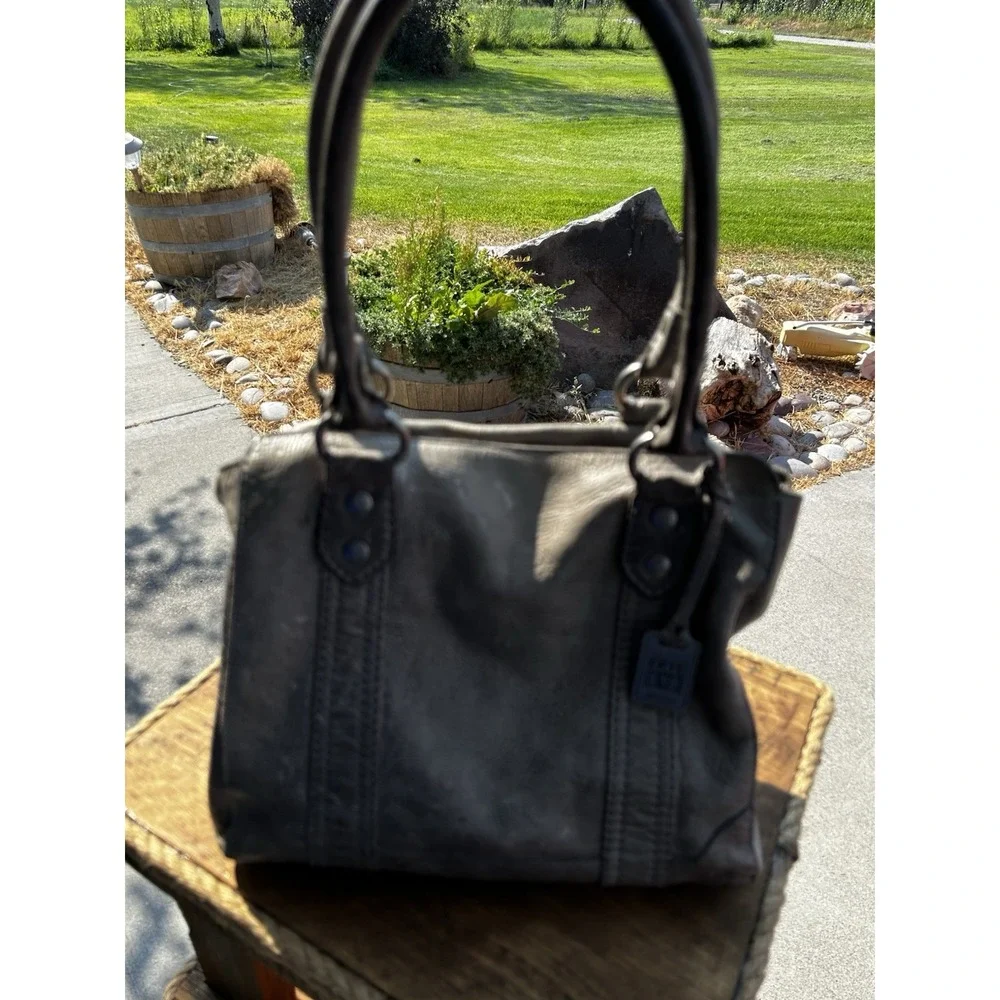 Frye Gray Distressed Leather Satchel Shoulder Bag Purse Tote Pebbled Large