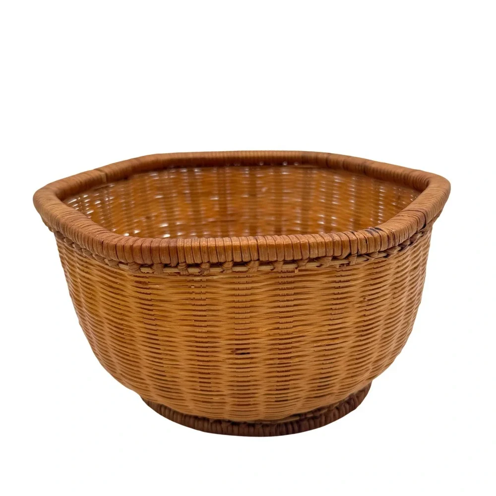 Vintage woven Wicker Basket Brown Boho Hexagonal Storage Decor Cottagecore