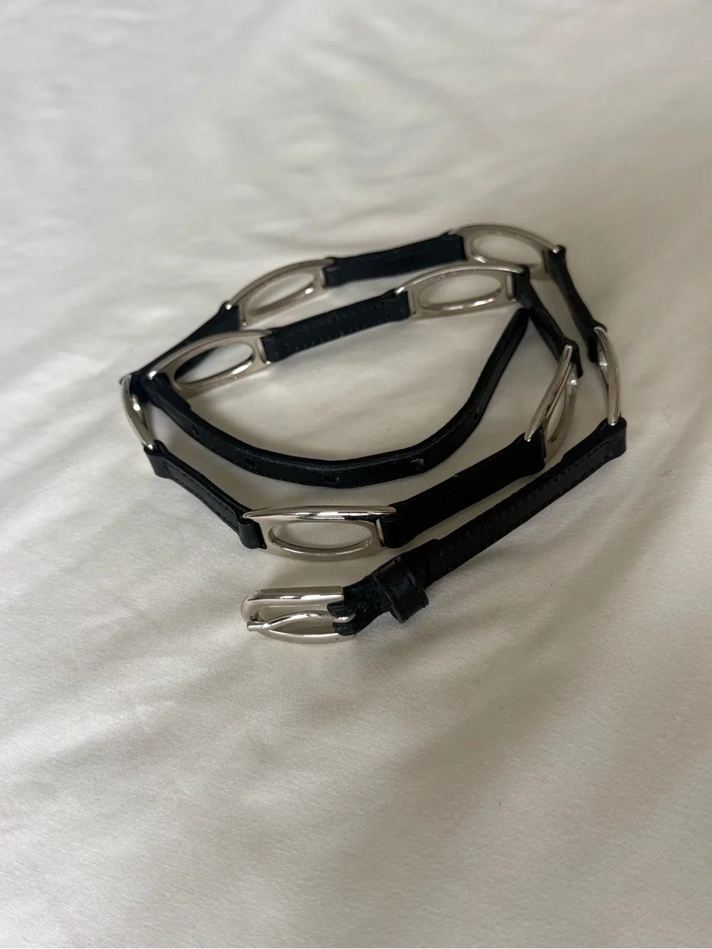 Vintage 90s-Y2K Italian Black Leather Link Waist Belt with Silver Hardware |
