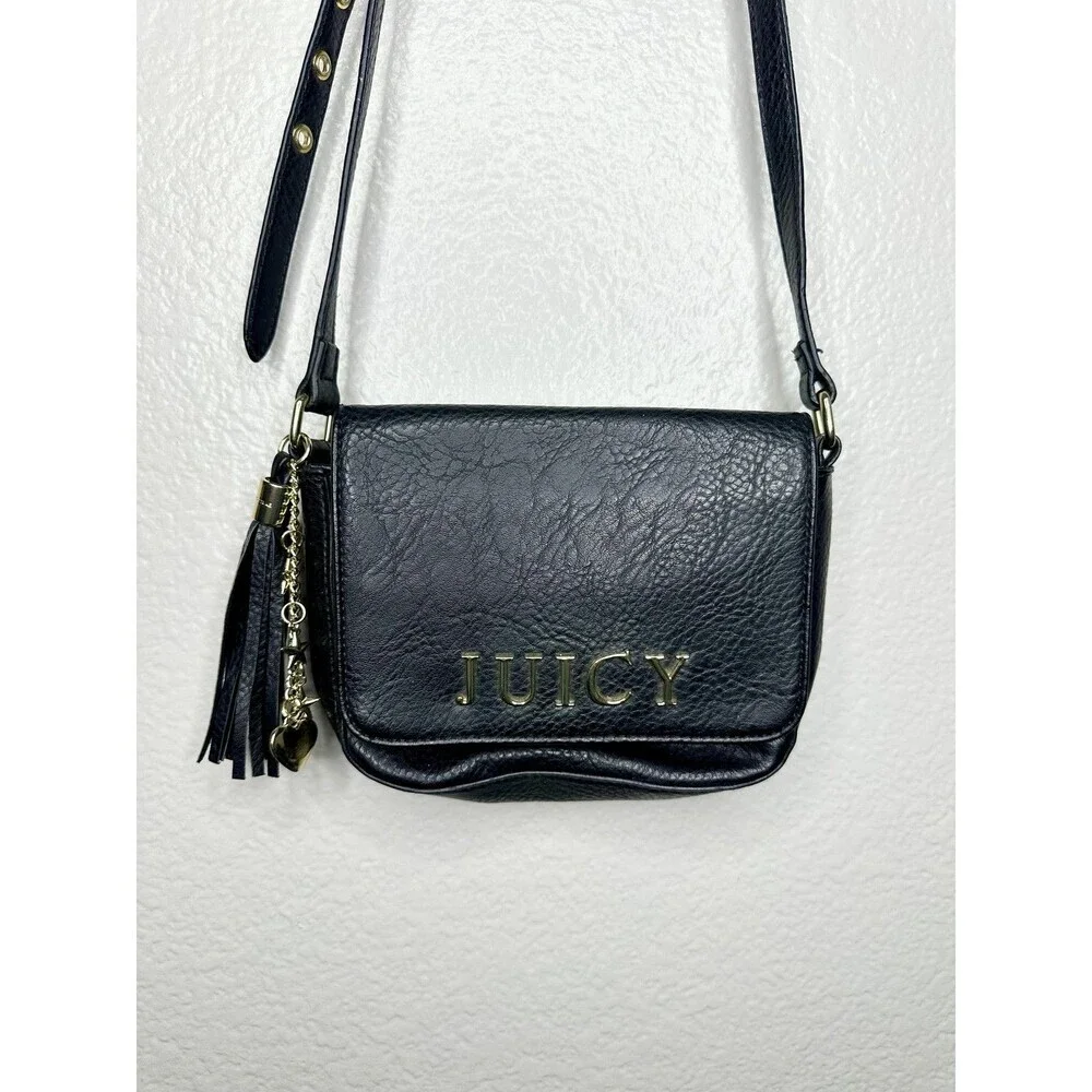 Juicy Couture Crossbody Bag Womens Small Black Faux Leather Tassel Mirror Charm