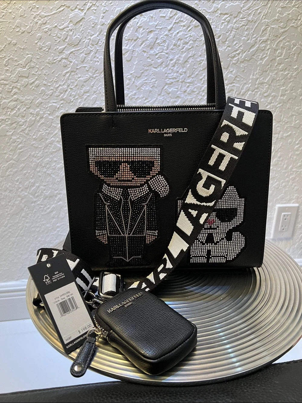 Karl Lagerfeld Black Crystal-Embellished Logo Tote with Branded Strap
