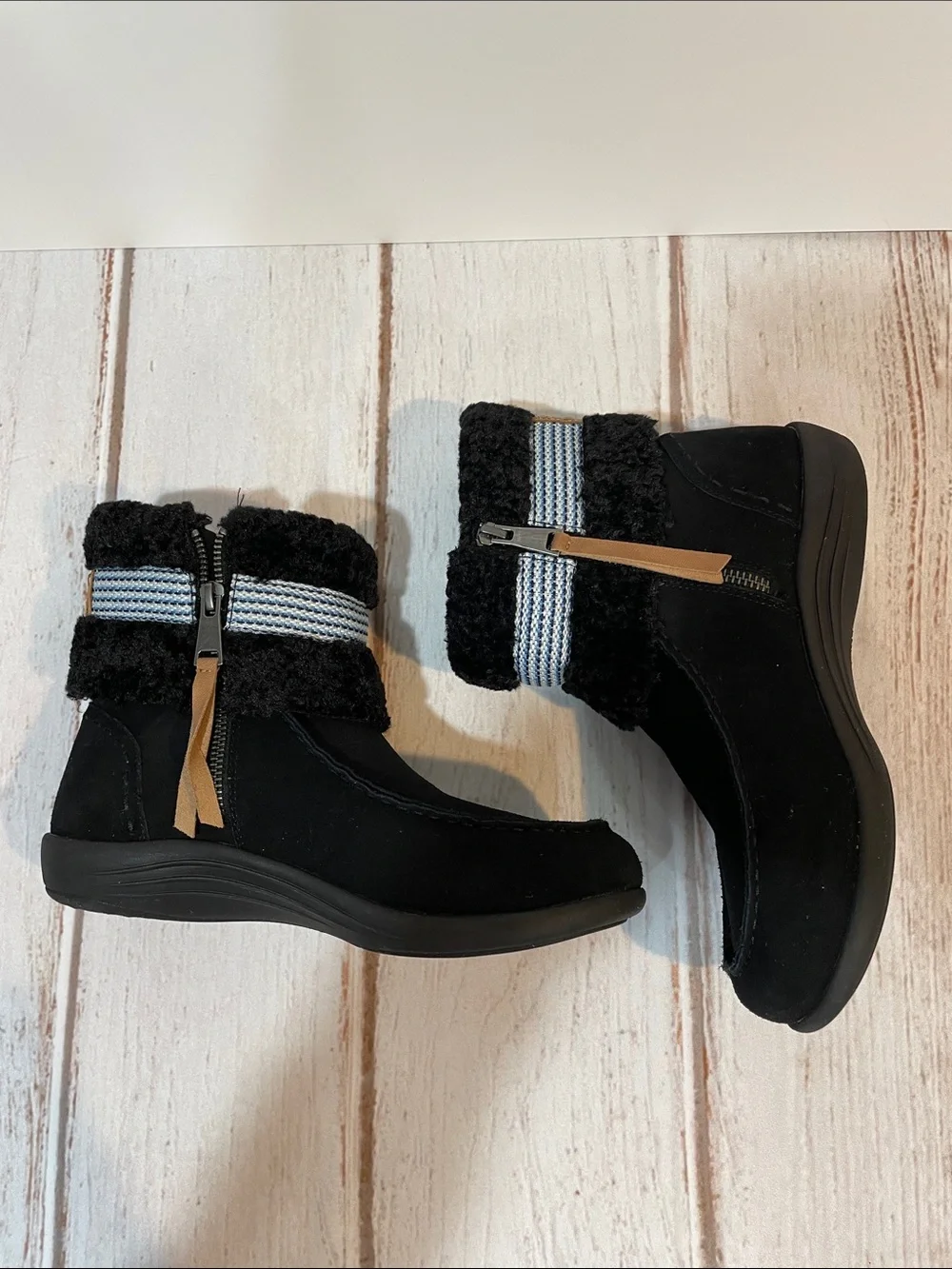 Revitalign Black 8 Wide Ankle Boots Faux-Suede Plush Lined Woven Trim Zip Side