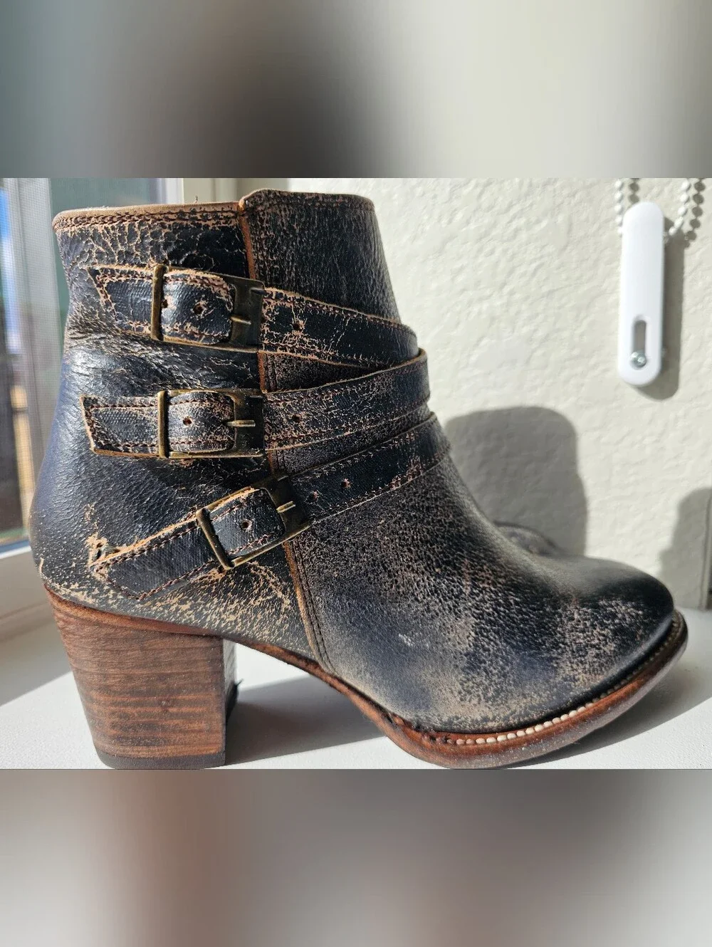 BED|STU Distressed Black Brown Leather Ankle Boots with Buckle Straps