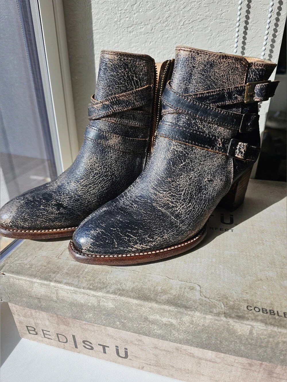 BED|STU Distressed Black Brown Leather Ankle Boots with Buckle Straps