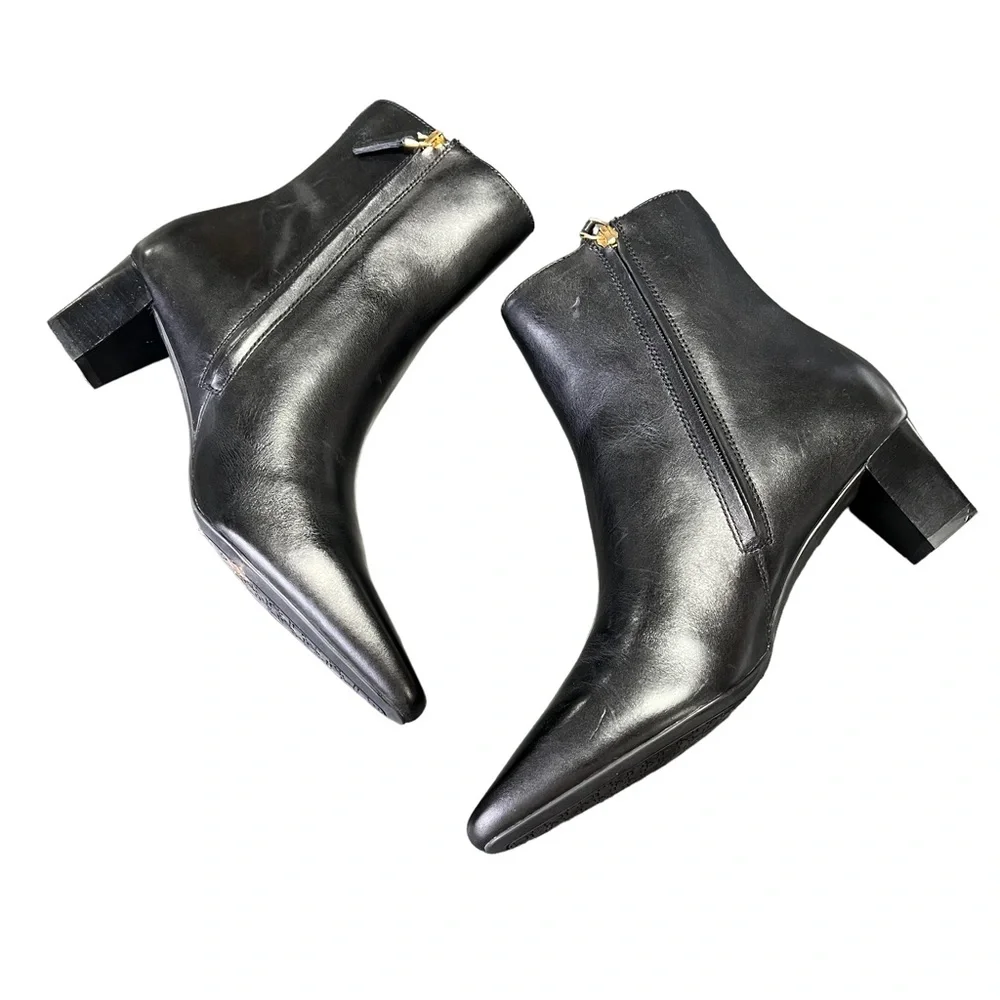 Lauren Ralph Lauren Willa Square Toe Booties Black Burnished Calf Leather 9.5