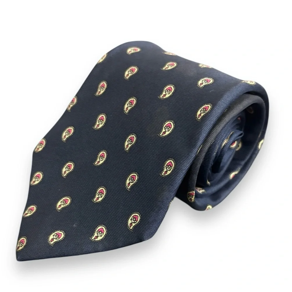 CHRISTIAN DIOR 100% Silk Tie Navy with Yellow & Red Paisley