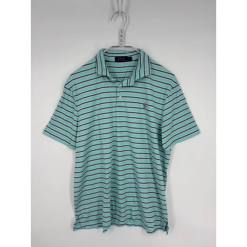 Polo Ralph Lauren Shirt Mens L Blue Striped Knit Logo Preppy Golf