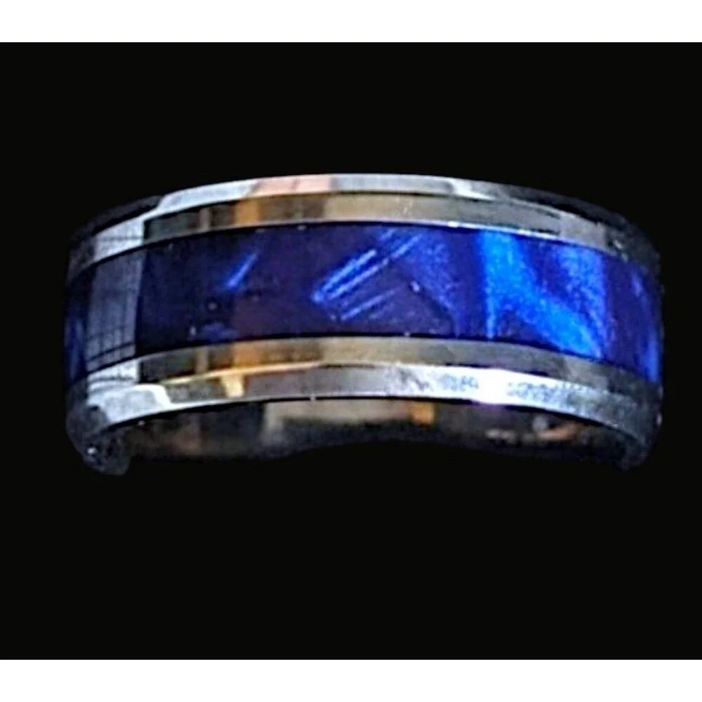 Blue Opalescent Beveled Silver Stainless Steel 8mm Band Ring Size 8, 9, 11, 12..